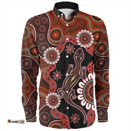 Australia Long Sleeve Button Shirt Aboriginal Inspired Lizard Dot Painting
