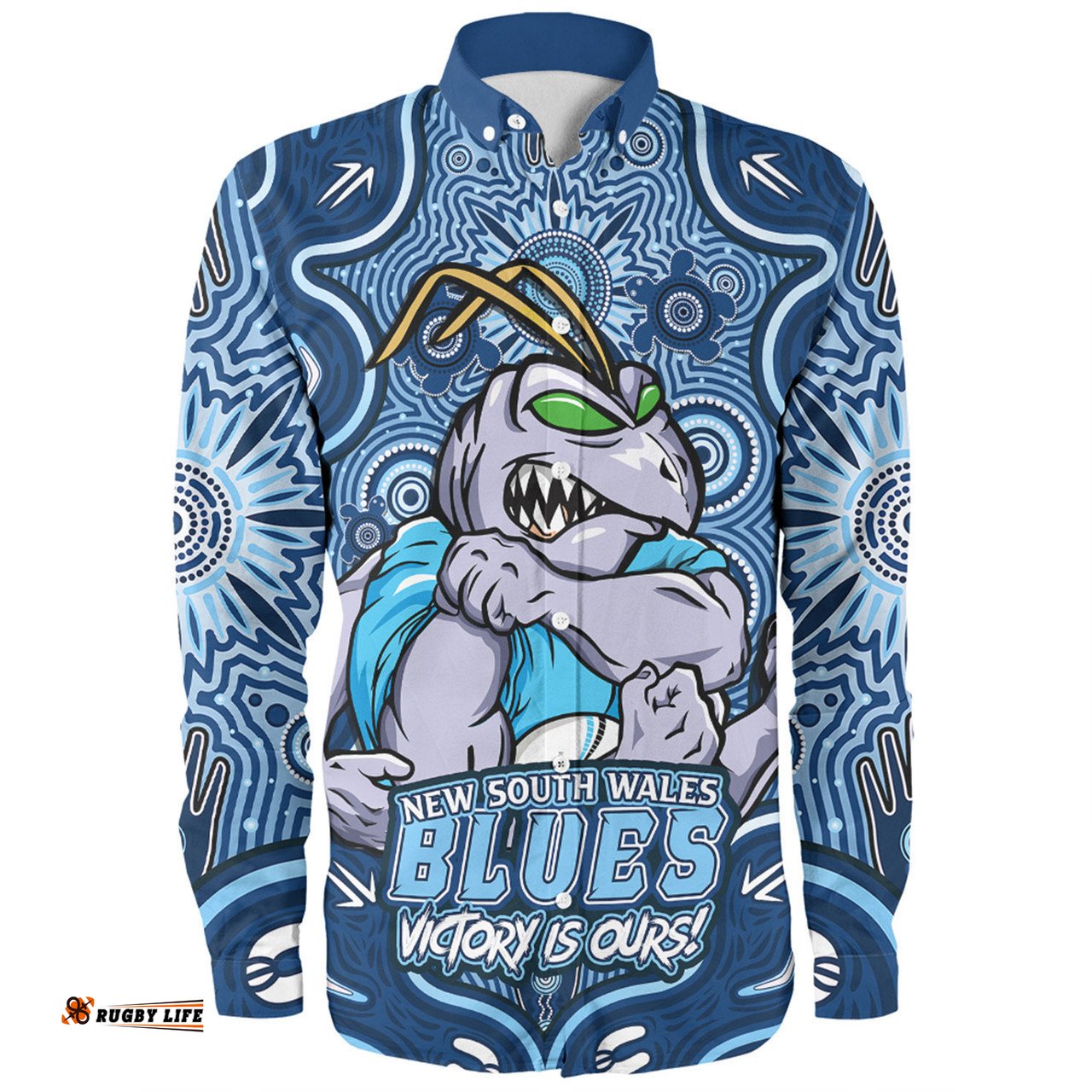 New South Wales Blues Long Sleeve Button Shirt Aboriginal Pattern Inspired Victory Is Ours