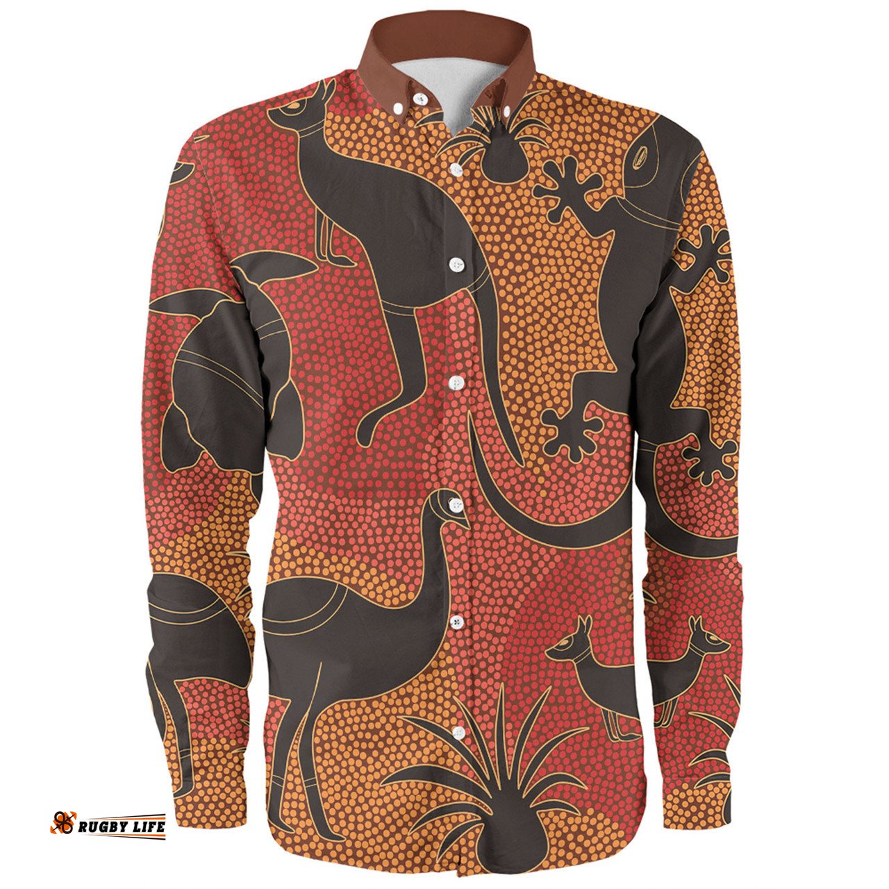 Australia Aboriginal Long Sleeve Button Shirt - Aboriginal Dot Art With Animals Long Sleeve Button Shirt