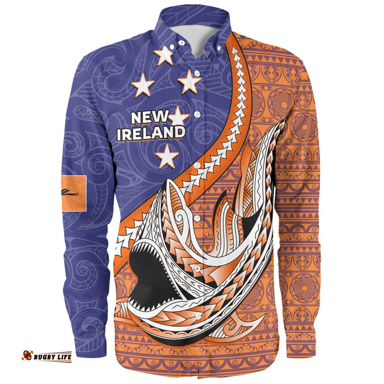 Australia South Sea Islanders Long Sleeve Button Shirt - New Ireland Flag With Polynesian Shark Pattern Long Sleeve Button Shirt