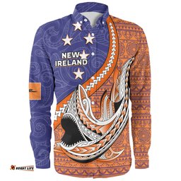 Australia South Sea Islanders Long Sleeve Button Shirt - New Ireland Flag With Polynesian Shark Pattern Long Sleeve Button Shirt