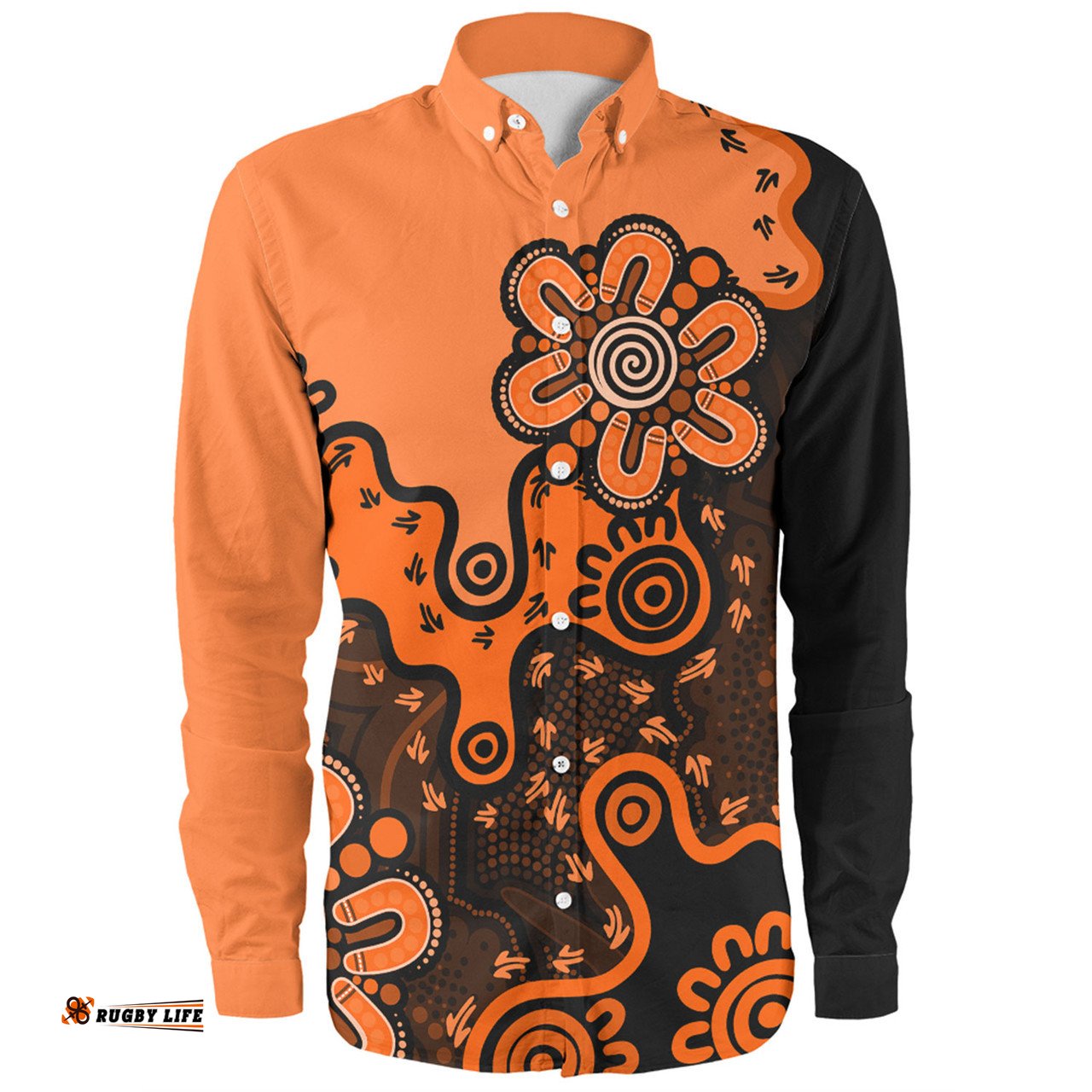 Australia Long Sleeve Button Shirt Aboriginal Style Of Background Blue (Grey,Orange)