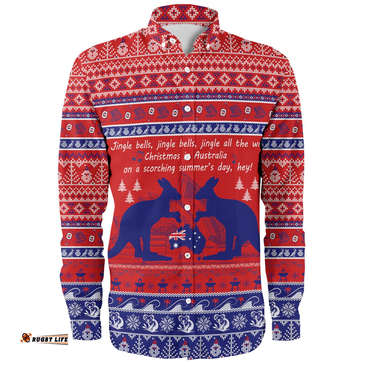 Australian Christmas Carol Christmas Long Sleeve Button Shirt - Jingle Bells Ugly Style Long Sleeve Button Shirt