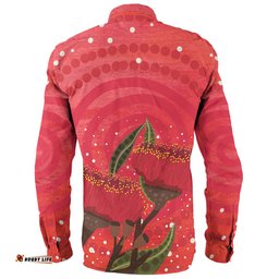 Australia Aboriginal Long Sleeve Button Shirt - Red Aboriginal Art With Eucalyptus Flowers Long Sleeve Button Shirt