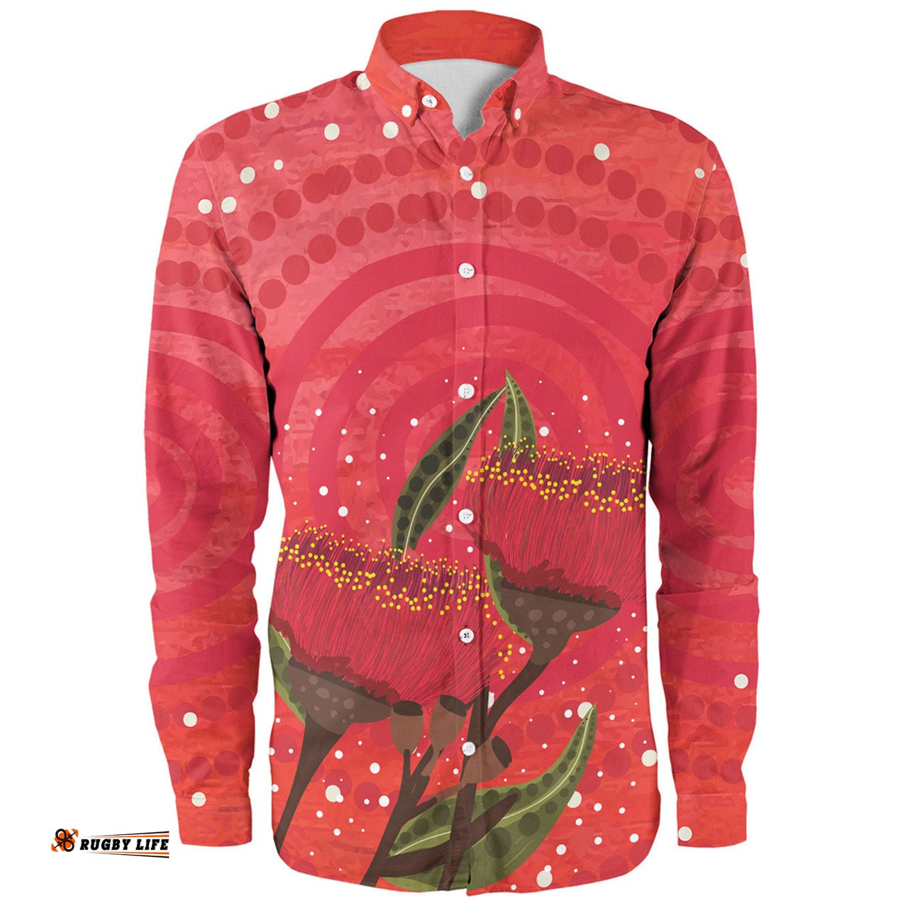 Australia Aboriginal Long Sleeve Button Shirt - Red Aboriginal Art With Eucalyptus Flowers Long Sleeve Button Shirt