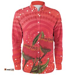 Australia Aboriginal Long Sleeve Button Shirt - Red Aboriginal Art With Eucalyptus Flowers Long Sleeve Button Shirt