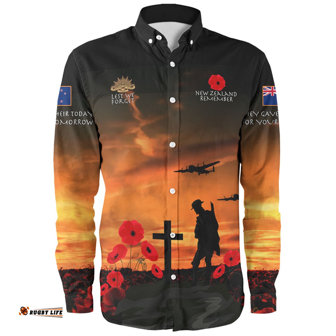 New Zealand Warriors Anzac Day Long Sleeve Button Shirt - New Zealand Warriors Remember Orange Long Sleeve Button Shirt