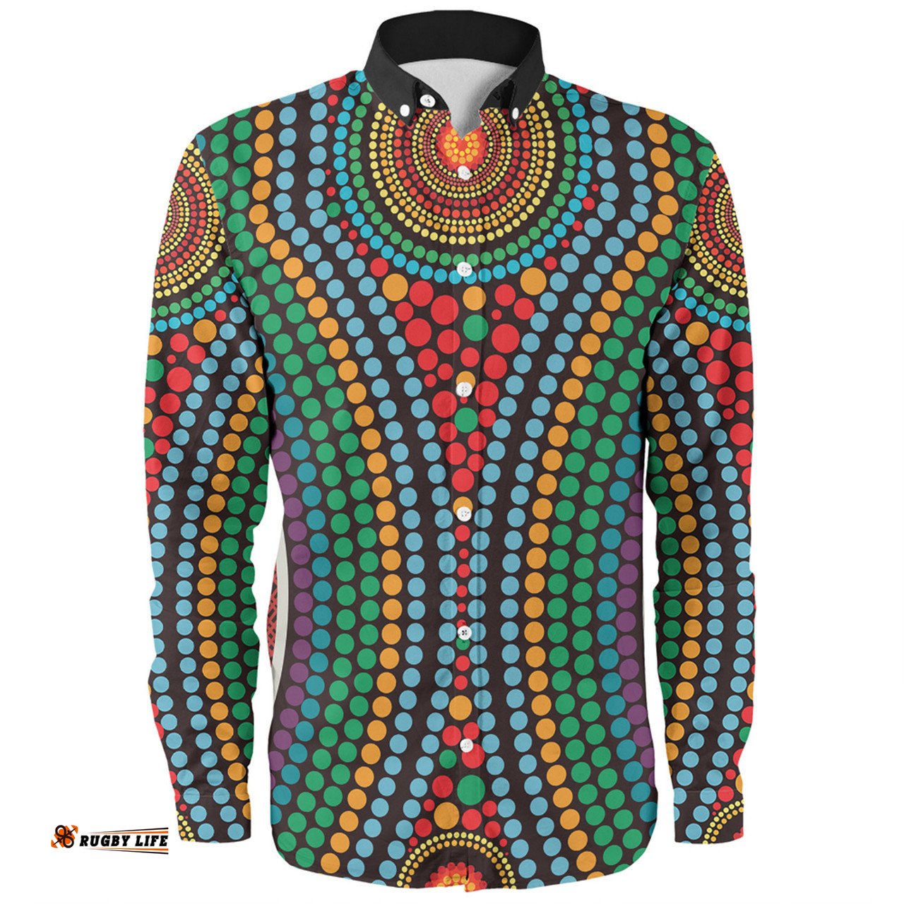 Australia Dot Painting Inspired Aboriginal Long Sleeve Button Shirt - Dot Color In The Aboriginal Style Long Sleeve Button Shirt