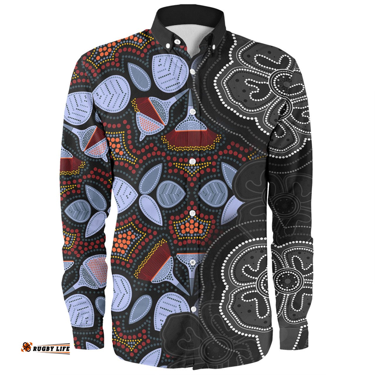 Australia Aboriginal Long Sleeve Button Shirt - Eucalyptus Seamless Pattern In Aboriginal Dot Art Long Sleeve Button Shirt