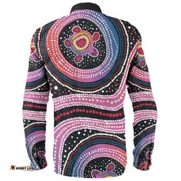 Australia Dot Painting Inspired Aboriginal Long Sleeve Button Shirt - Turtles With Dot In Aboriginal Long Sleeve Button Shirt