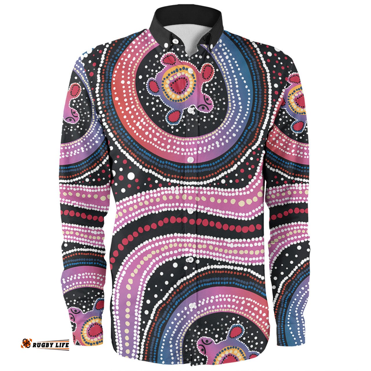 Australia Dot Painting Inspired Aboriginal Long Sleeve Button Shirt - Turtles With Dot In Aboriginal Long Sleeve Button Shirt