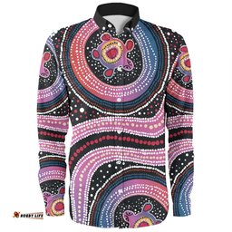 Australia Dot Painting Inspired Aboriginal Long Sleeve Button Shirt - Turtles With Dot In Aboriginal Long Sleeve Button Shirt