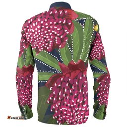 Australia Flowers Aboriginal Long Sleeve Button Shirt - Australian Waratah Flower Art Long Sleeve Button Shirt