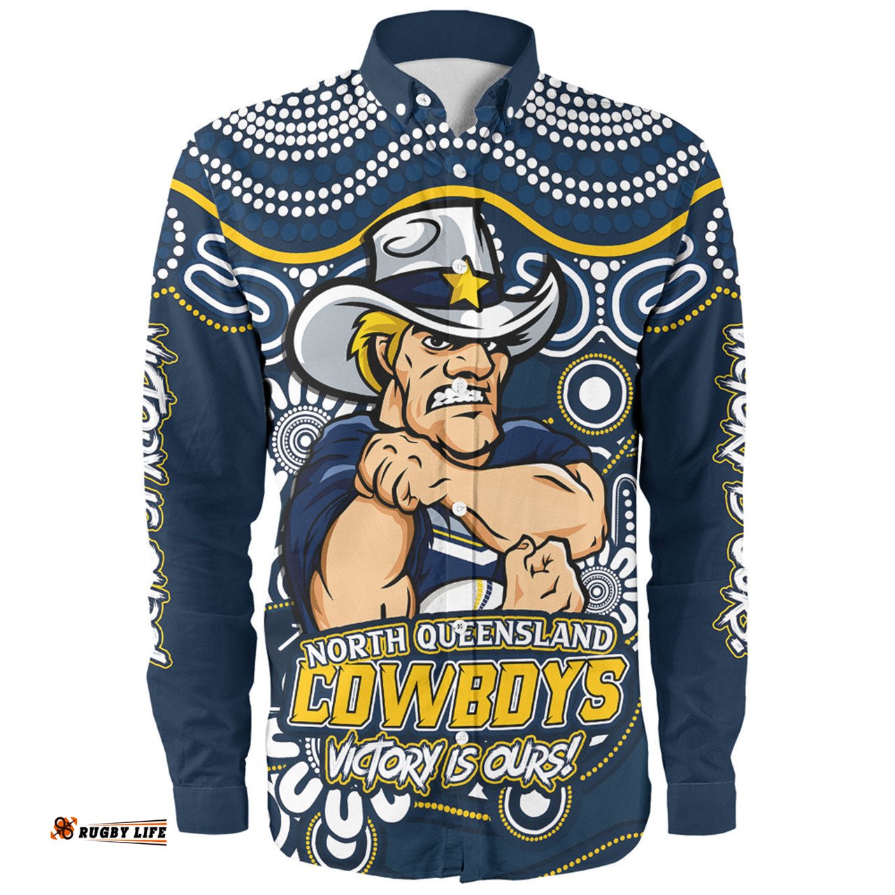 North Queensland Cowboys Long Sleeve Button Shirt Aboriginal Inspired Tough Fan Rugby For Life