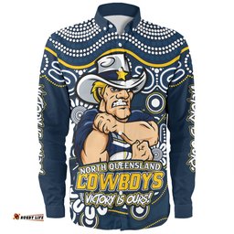 North Queensland Cowboys Long Sleeve Button Shirt Aboriginal Inspired Tough Fan Rugby For Life