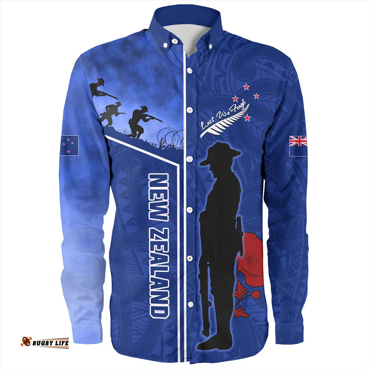 New Zealand Anzac Day Long Sleeve Button Shirt - Anzac Day Lest We Forget Poppy Long Sleeve Button Shirt