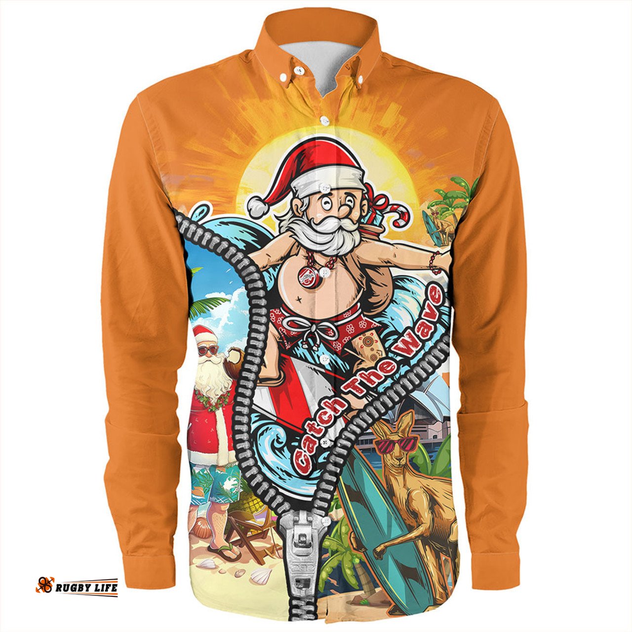 Australia Long Sleeve Button Shirt Christmas Down Under Santa's Beach Escape