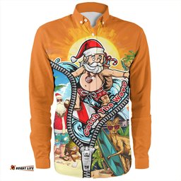 Australia Long Sleeve Button Shirt Christmas Down Under Santa's Beach Escape