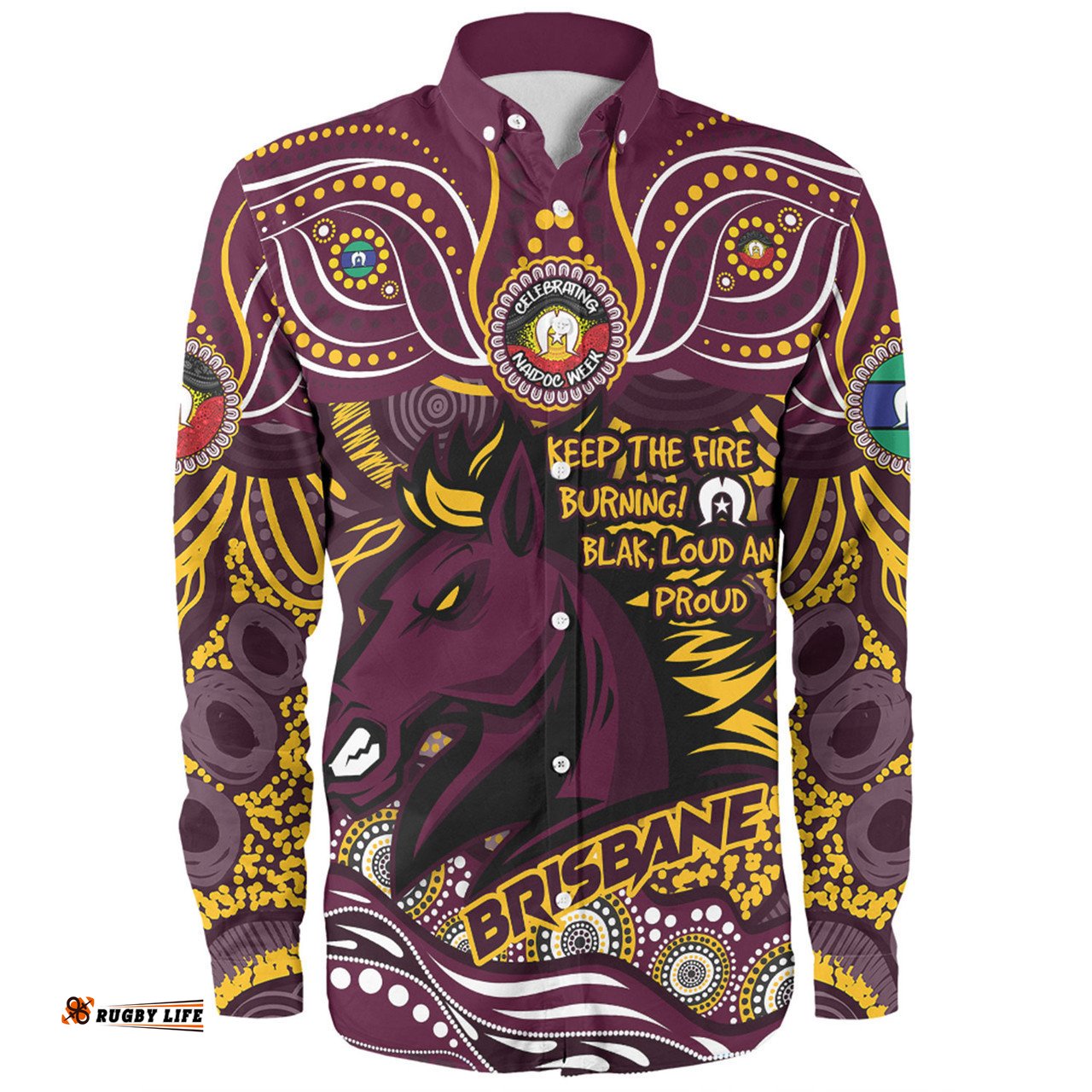 Brisbane Broncos Long Sleeve Button Shirt Celebrating Naidoc Week 2024 Aboriginal Dot Art Inspired