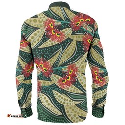 Australia Flowers Aboriginal Long Sleeve Button Shirt - Aboriginal Dot Art of Australian Native Eucalyptus Plant Long Sleeve Button Shirt