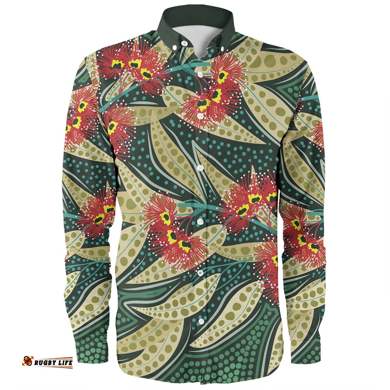 Australia Flowers Aboriginal Long Sleeve Button Shirt - Aboriginal Dot Art of Australian Native Eucalyptus Plant Long Sleeve Button Shirt