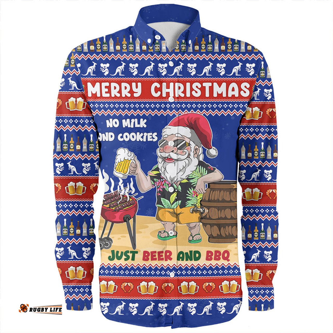 Australia Long Sleeve Button Shirt Merry Christmas, Grilling Santa With Barbecue And Beer