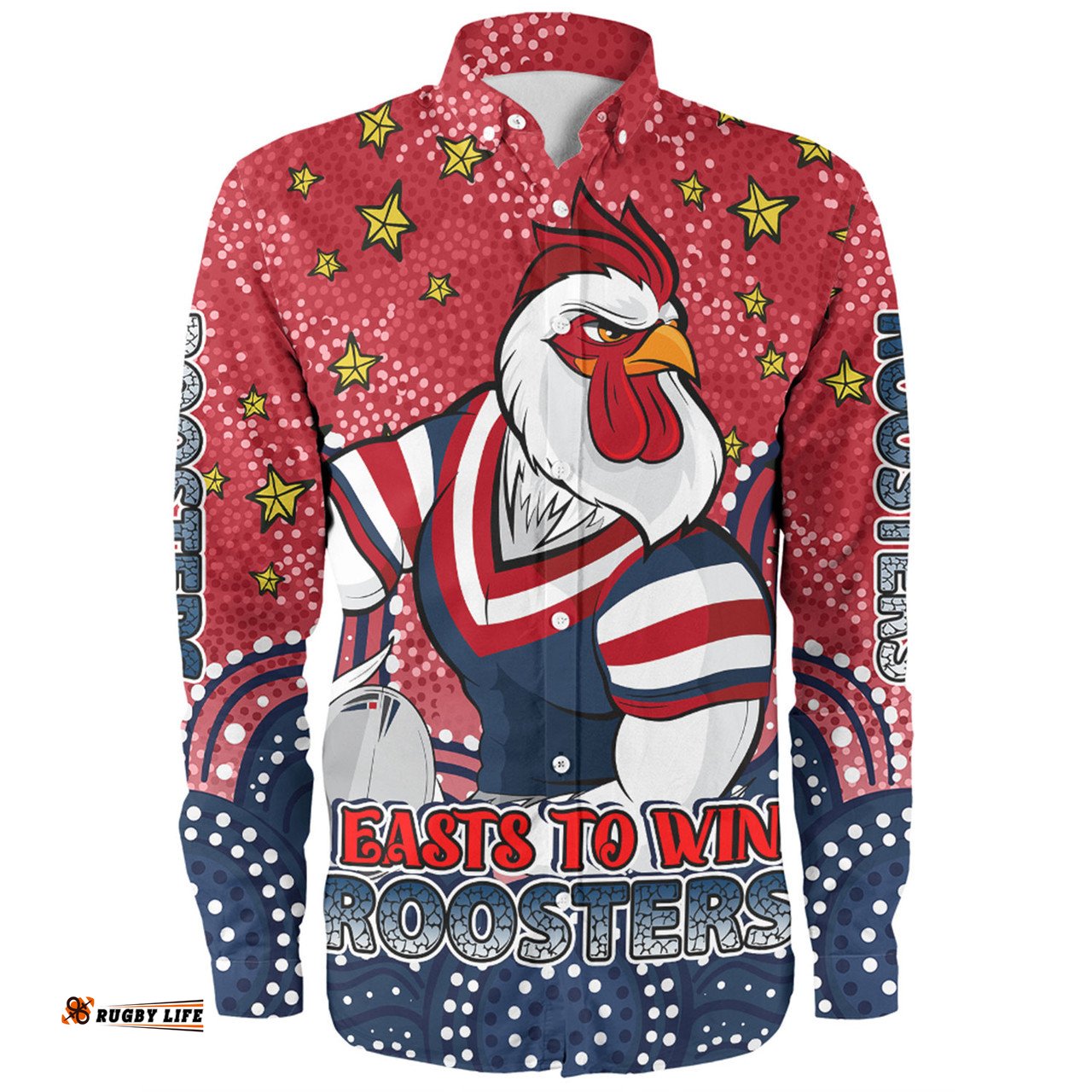 Sydney Roosters Custom Long Sleeve Button Shirt - Custom With Aboriginal Inspired Style Of Dot Painting Patterns Long Sleeve Button Shirt