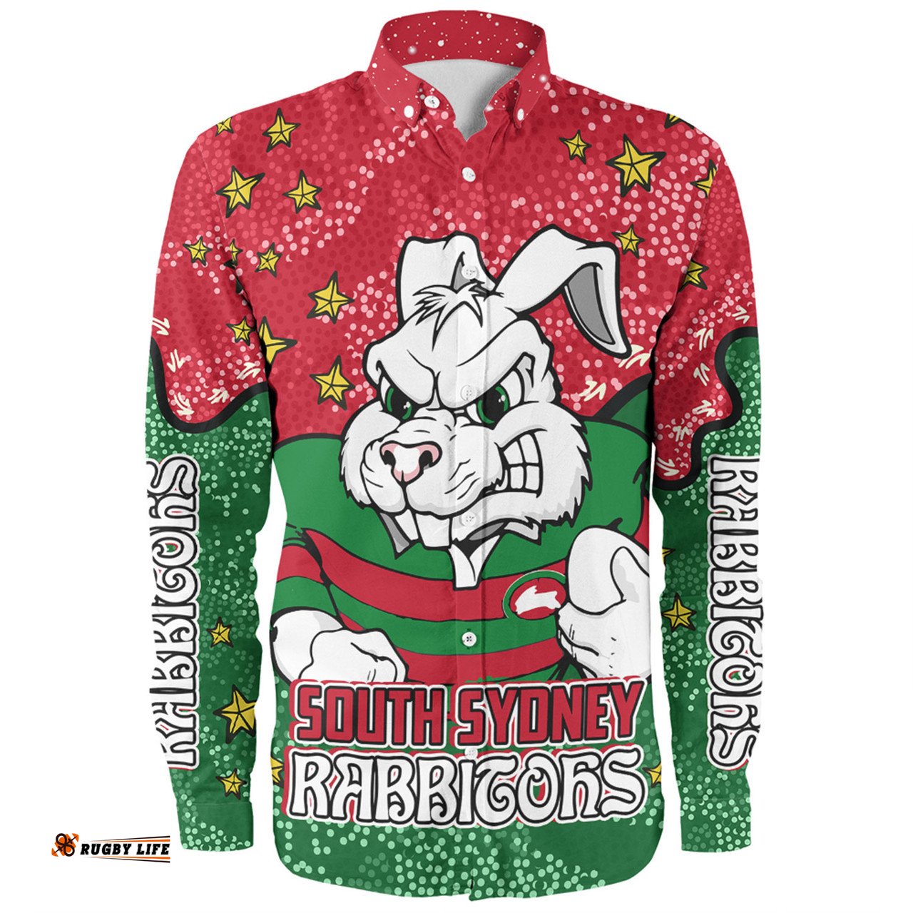 South Sydney Rabbitohs Long Sleeve Button Shirt - Team With Dot And Star Patterns For Tough Fan Long Sleeve Button Shirt