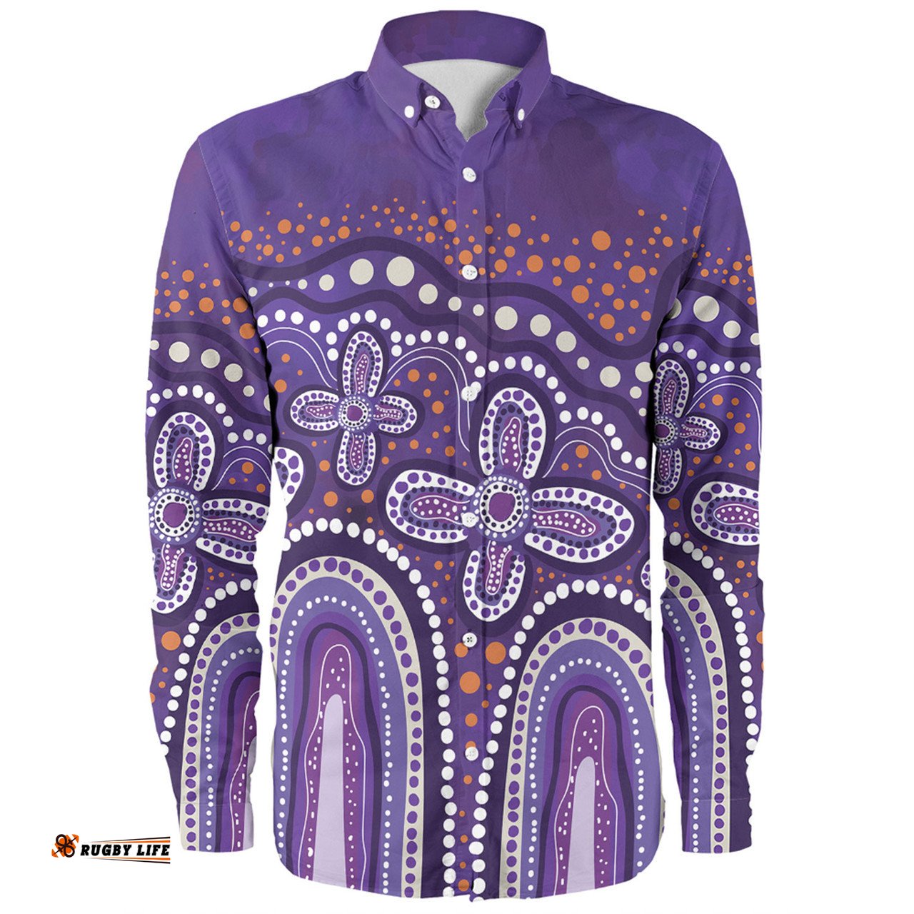 Australia Aboriginal Long Sleeve Button Shirt - Dot painting illustration in Aboriginal style Purple Long Sleeve Button Shirt