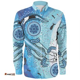 Australia Dot Painting Inspired Aboriginal Long Sleeve Button Shirt - Aboriginal Dot Art With Crocodile Long Sleeve Button Shirt
