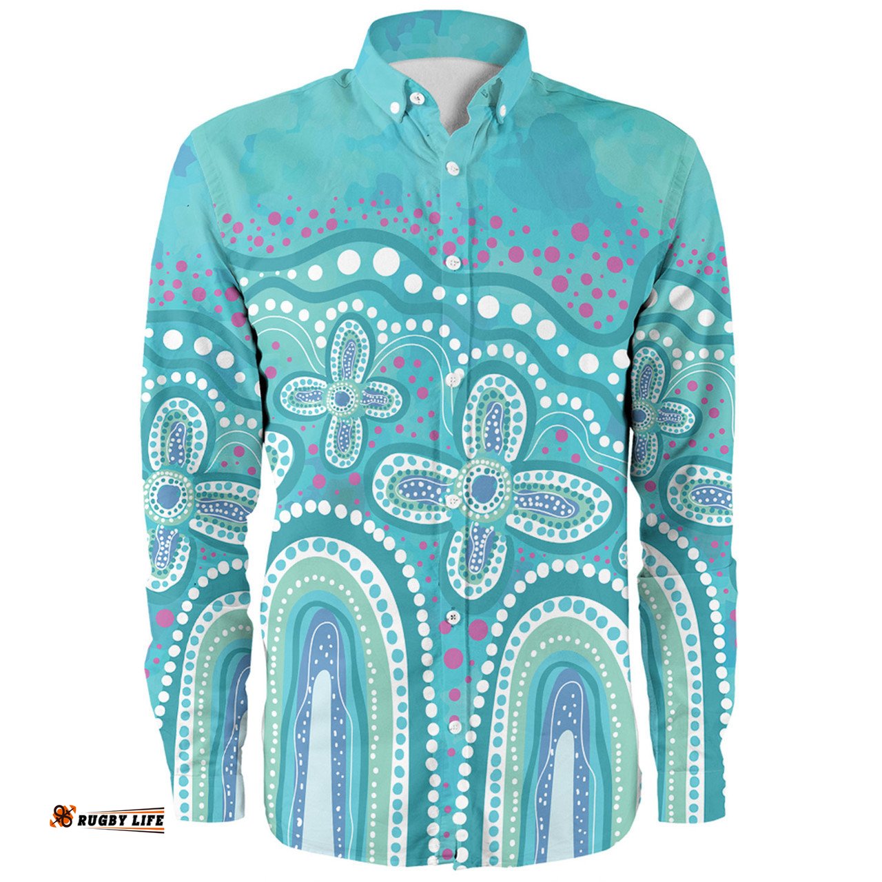 Australia Aboriginal Long Sleeve Button Shirt - Dot painting illustration in Aboriginal style Turquoise Long Sleeve Button Shirt