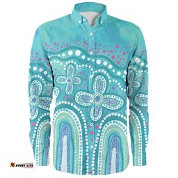 Australia Aboriginal Long Sleeve Button Shirt - Dot painting illustration in Aboriginal style Turquoise Long Sleeve Button Shirt