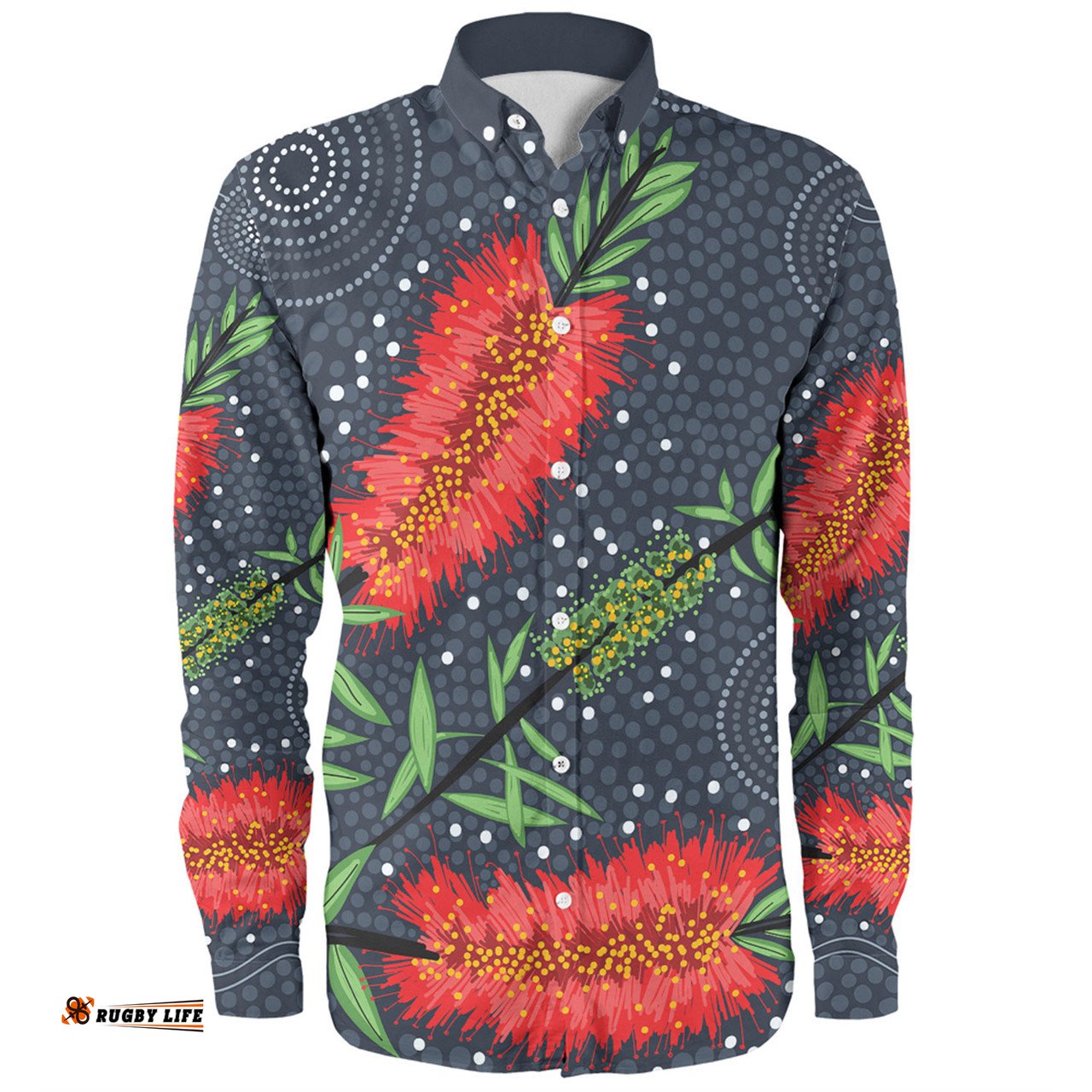 Australia Flowers Aboriginal Long Sleeve Button Shirt - Red Bottle Brush Tree Depicted In Aboriginal Style Long Sleeve Button Shirt