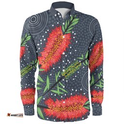 Australia Flowers Aboriginal Long Sleeve Button Shirt - Red Bottle Brush Tree Depicted In Aboriginal Style Long Sleeve Button Shirt