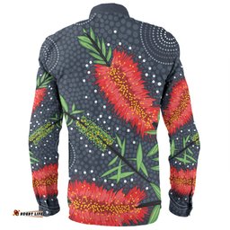 Australia Flowers Aboriginal Long Sleeve Button Shirt - Red Bottle Brush Tree Depicted In Aboriginal Style Long Sleeve Button Shirt