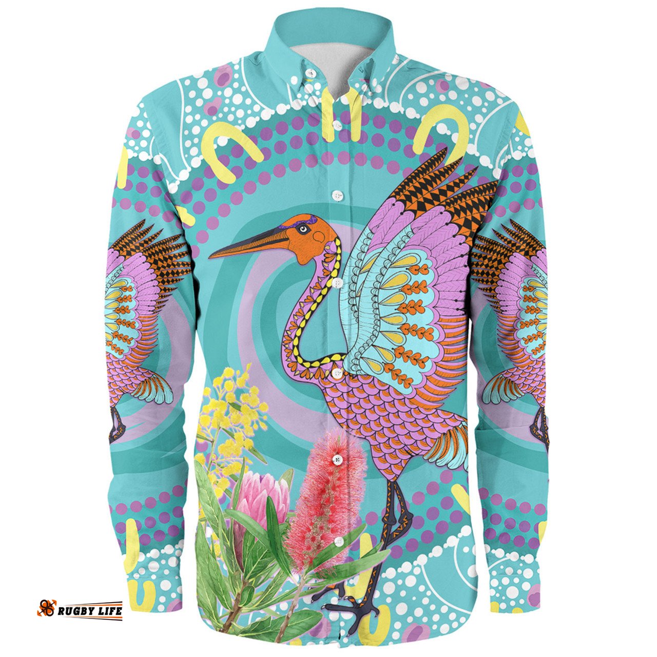 Australia Aboriginal Long Sleeve Button Shirt - Brolga Bird Dancing With Australia Native Flowers V3 Long Sleeve Button Shirt