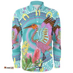 Australia Aboriginal Long Sleeve Button Shirt - Brolga Bird Dancing With Australia Native Flowers V3 Long Sleeve Button Shirt
