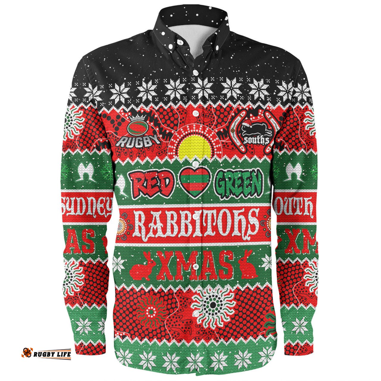 South Sydney Rabbitohs Aboriginal Custom Long Sleeve Button Shirt - Indigenous Knitted Ugly Xmas Style Long Sleeve Button Shirt