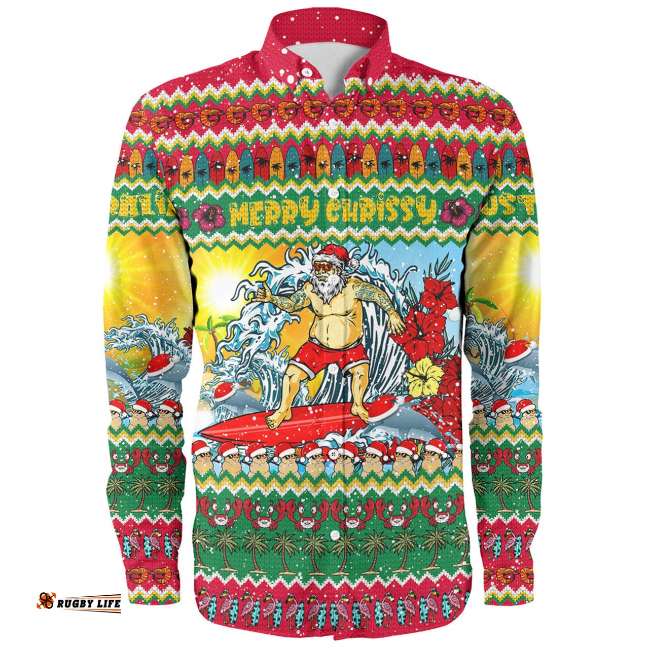 Australia Christmas Custom Long Sleeve Button Shirt - Surfing Santa Long Sleeve Button Shirt