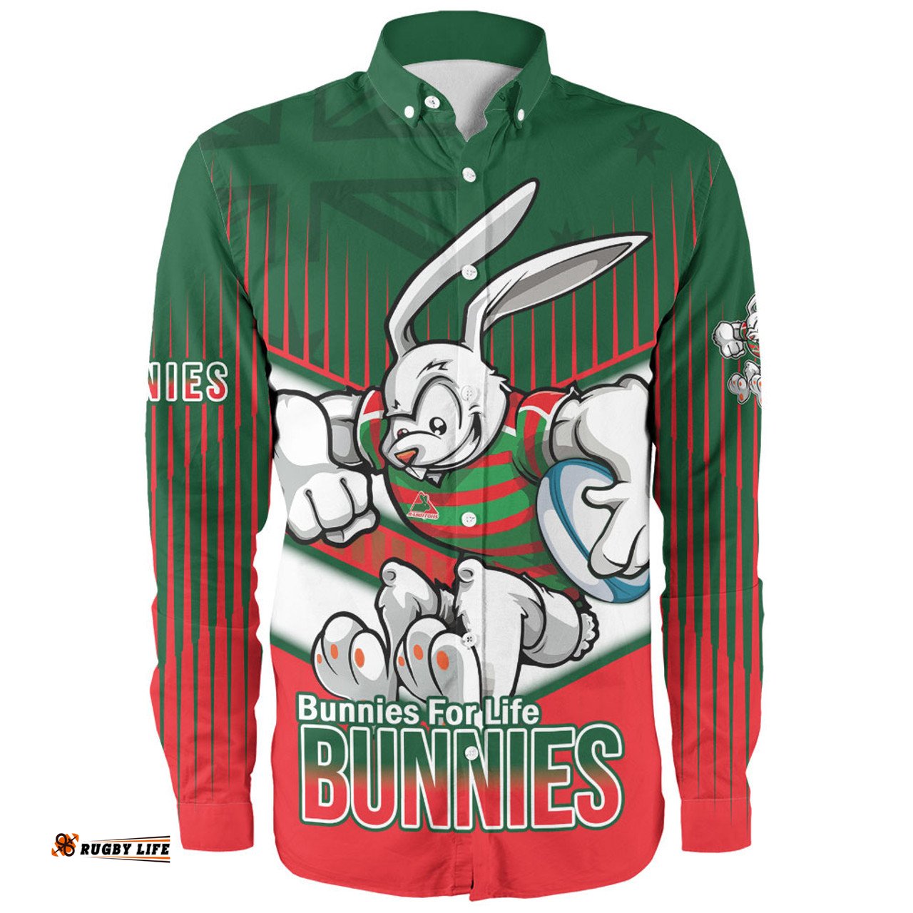South Sydney Rabbitohs Long Sleeve Button Shirt - Bunnies Mascot With Australia Flag