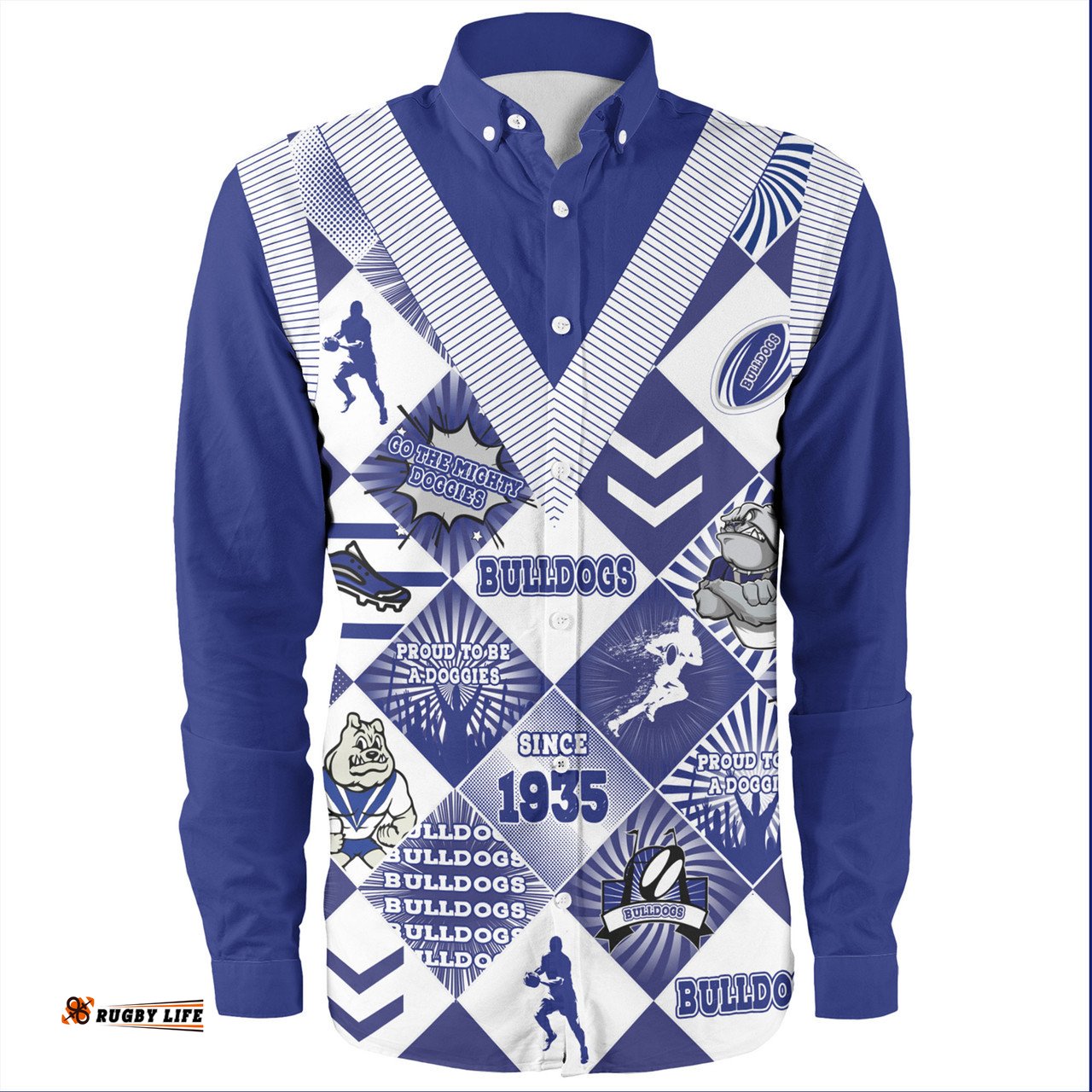 Canterbury-Bankstown Bulldogs Long Sleeve Button Shirt - Argyle Patterns Style Tough Fan Rugby For Life