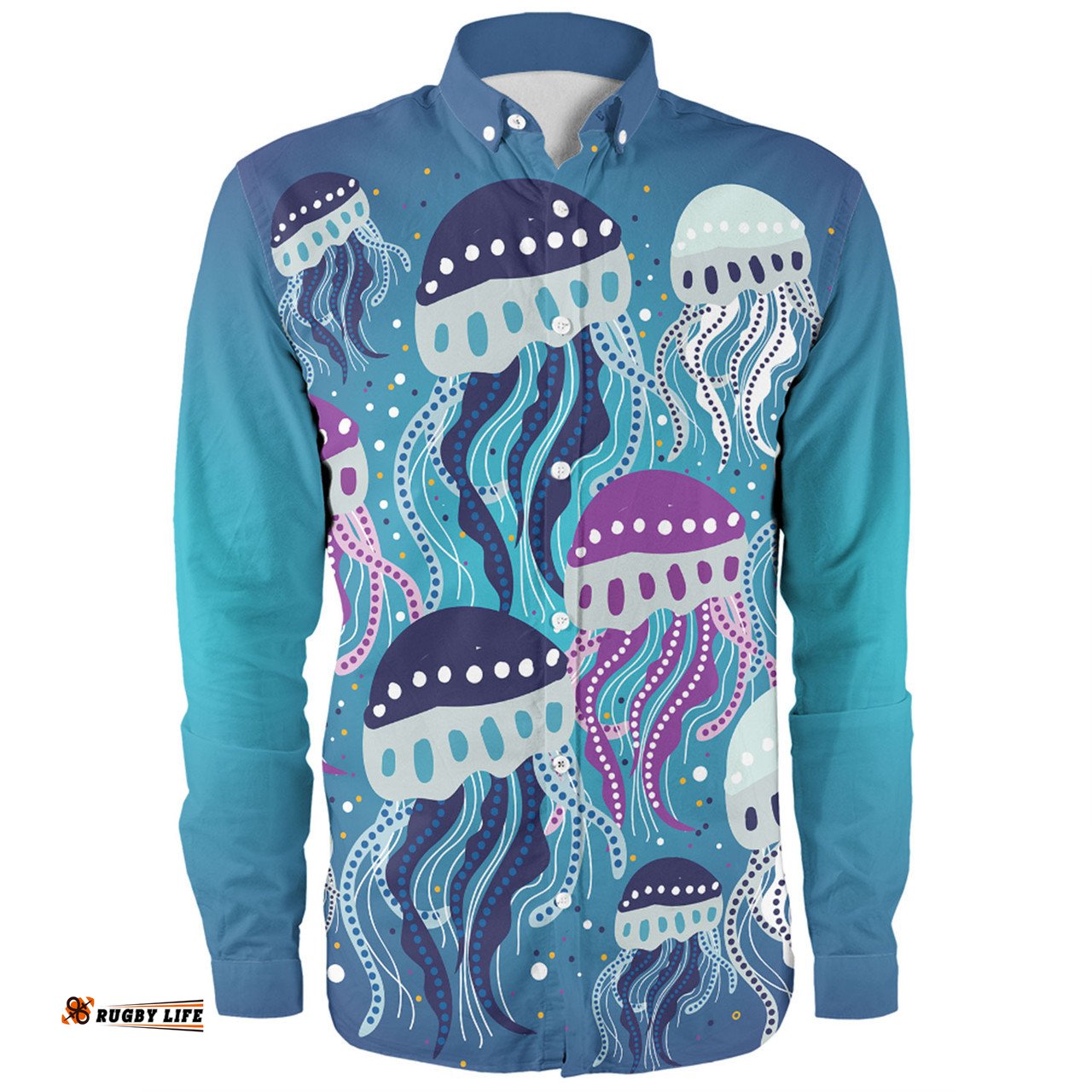 Australia Aboriginal Long Sleeve Button Shirt - Aboriginal Art Painting With Jellyfish Long Sleeve Button Shirt