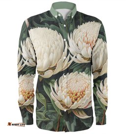 Australia Waratah Long Sleeve Button Shirts - White Waratah Flowers Fine Art Ver2 Long Sleeve Button Shirts