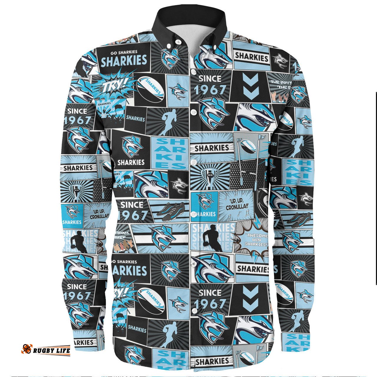 Cronulla-Sutherland Sharks Long Sleeve Button Shirt - Team Of Us Die Hard Fan Supporters Comic Style