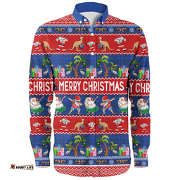 Australia Christmas Custom Long Sleeve Button Shirt - Tropical Ugly Xmas Santa Dapping And Dancing Long Sleeve Button Shirt