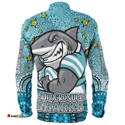 Cronulla-Sutherland Sharks Custom Long Sleeve Button Shirt - Custom With Aboriginal Inspired Style Of Dot Painting Patterns Long Sleeve Button Shirt