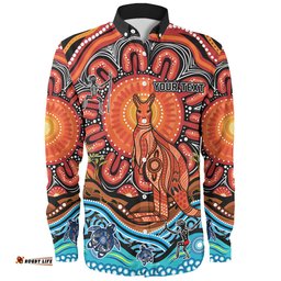 Australia Long Sleeve Button Shirt Aboriginal Inspired Kangaroo Dreaming Dot Painting Pattern