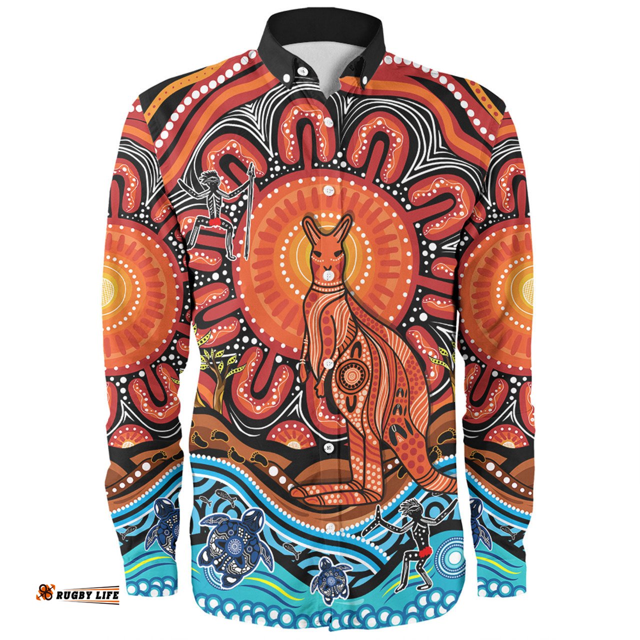 Australia Long Sleeve Button Shirt Aboriginal Inspired Kangaroo Dreaming Dot Painting Pattern