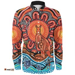 Australia Long Sleeve Button Shirt Aboriginal Inspired Kangaroo Dreaming Dot Painting Pattern