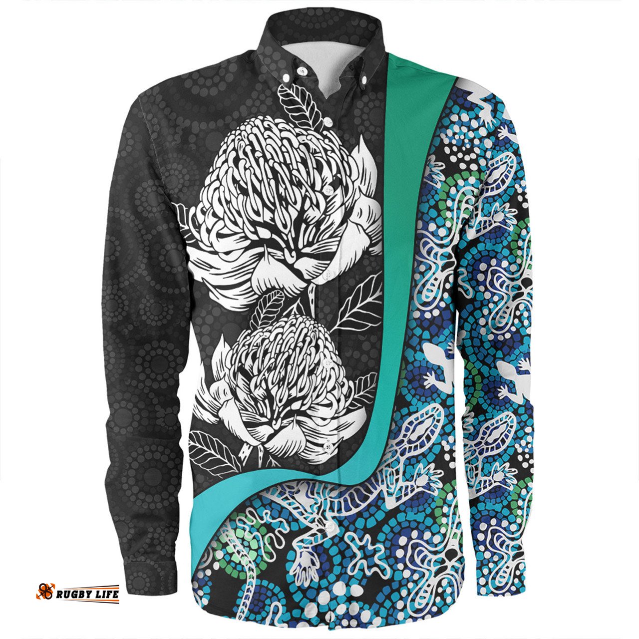 Australia Warratah Goanna Aboriginal Long Sleeve Button Shirt - Waratah Flowers With Blue Lizards, Stones, Sand Dot Art Painting Inspired Long Sleeve Button Shirt